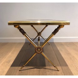 Neoclassical Brass Coffee Table with Green Marble Top, in the Style of Raymond Subes, circa 1940