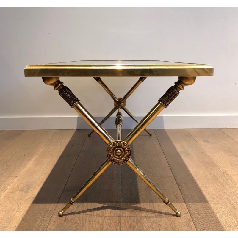 Neoclassical Brass Coffee Table with Green Marble Top, in the Style of Raymond Subes, circa 1940
