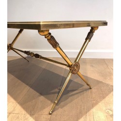 Neoclassical Brass Coffee Table with Green Marble Top, in the Style of Raymond Subes, circa 1940