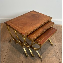 Tables Gigognes Métal Doré Pieds Griffes Cuir, Attribuées Maison Jansen, vers 1940