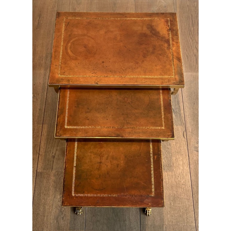 Tables Gigognes Métal Doré Pieds Griffes Cuir, Attribuées Maison Jansen, vers 1940