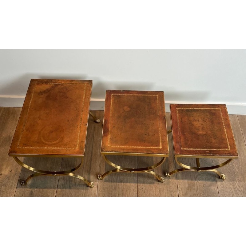 Tables Gigognes Métal Doré Pieds Griffes Cuir, Attribuées Maison Jansen, vers 1940