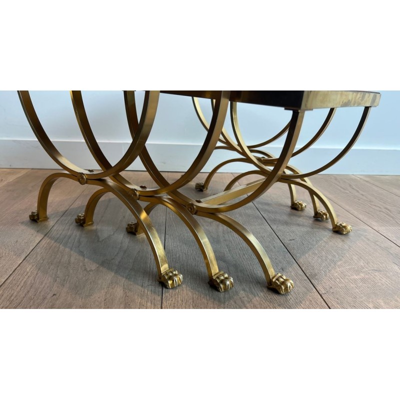 Gilt Metal Nesting Tables with Claw Feet and Leather Tops, Attrib. Maison Jansen, circa 1940