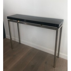 Console Chromée Épais Plateau Laqué Noir, Travail Français, France, vers 1970