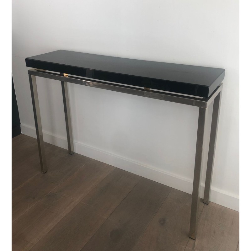 Chromed Console with Thick Black Lacquered Top, French Work, France, circa 1970