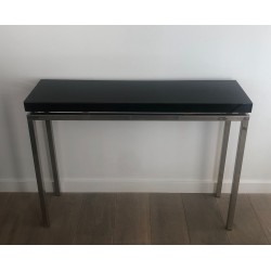 Chromed Console with Thick Black Lacquered Top, French Work, France, circa 1970