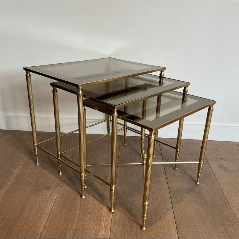 Set of Neoclassical Brass Nesting Tables, Maison Jansen, France, circa 1940