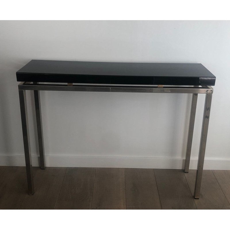 Chromed Console with Thick Black Lacquered Top, French Work, France, circa 1970