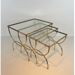 Set of Neoclassical Brass Nesting Tables with Arcuate Base, French Work, circa 1970