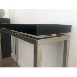 Chromed Console with Thick Black Lacquered Top, French Work, France, circa 1970