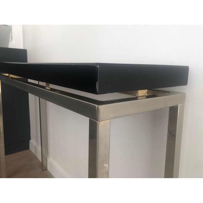 Chromed Console with Thick Black Lacquered Top, French Work, France, circa 1970