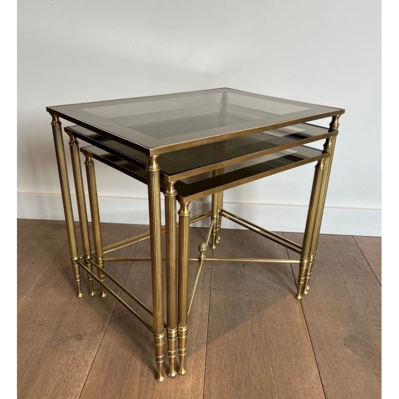 Set of Neoclassical Brass Nesting Tables, Maison Jansen, France, circa 1940