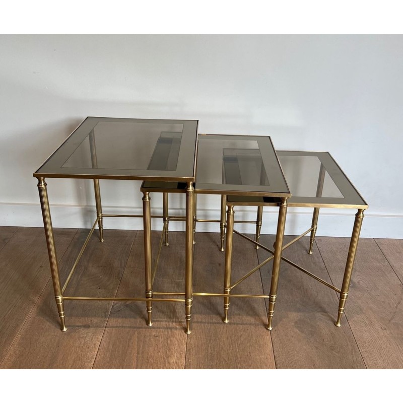 Set of Neoclassical Brass Nesting Tables, Maison Jansen, France, circa 1940