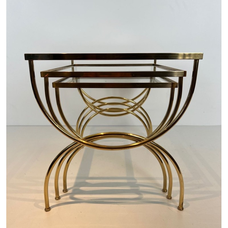 Set of Neoclassical Brass Nesting Tables with Arcuate Base, French Work, circa 1970
