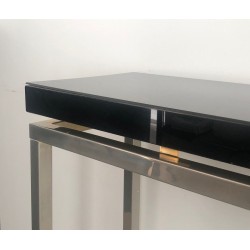 Console Chromée Épais Plateau Laqué Noir, Travail Français, France, vers 1970