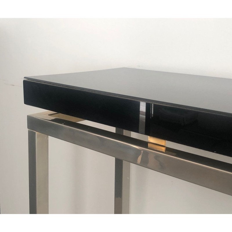 Console Chromée Épais Plateau Laqué Noir, Travail Français, France, vers 1970