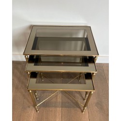 Set of Neoclassical Brass Nesting Tables, Maison Jansen, France, circa 1940