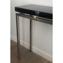 Chromed Console with Thick Black Lacquered Top, French Work, France, circa 1970