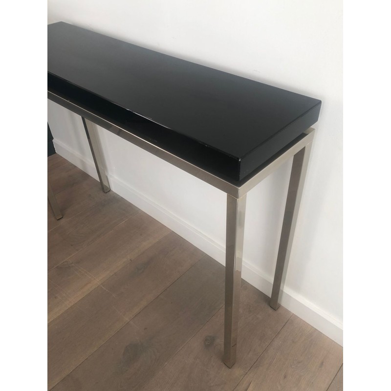 Chromed Console with Thick Black Lacquered Top, French Work, France, circa 1970