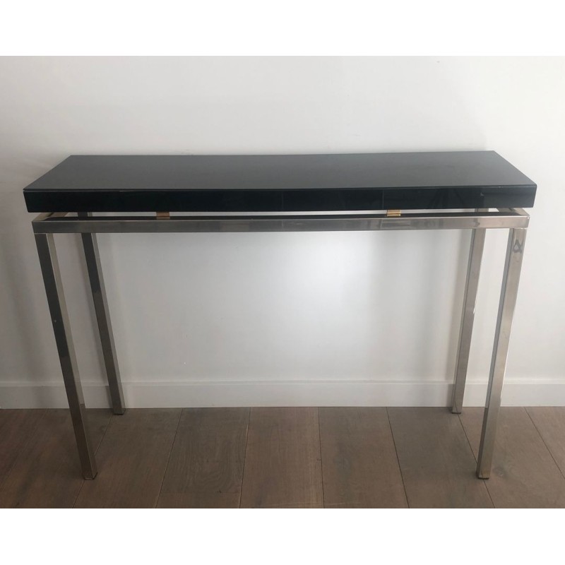 Chromed Console with Thick Black Lacquered Top, French Work, France, circa 1970