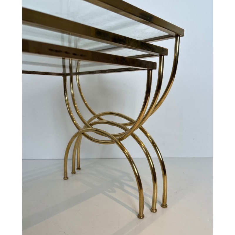 Set of Neoclassical Brass Nesting Tables with Arcuate Base, French Work, circa 1970