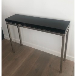 Console Chromée Épais Plateau Laqué Noir, Travail Français, France, vers 1970