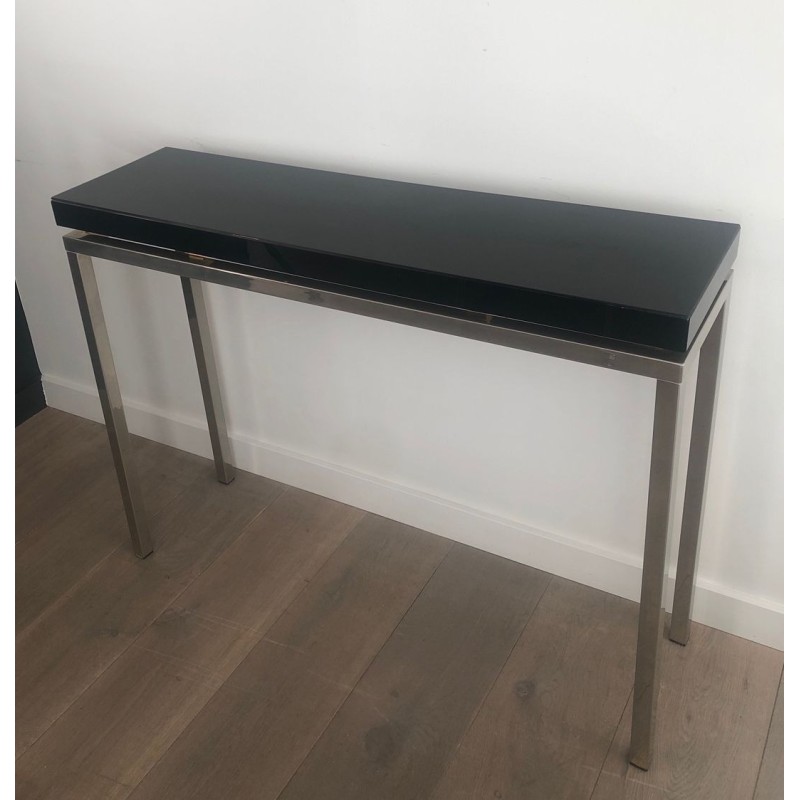 Chromed Console with Thick Black Lacquered Top, French Work, France, circa 1970
