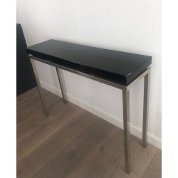 Chromed Console with Thick Black Lacquered Top, French Work, France, circa 1970