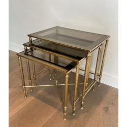 Set of Neoclassical Brass Nesting Tables, Maison Jansen, France, circa 1940