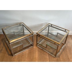 Paire de Bouts de Canapé Design en Chrome, Laiton et Plateaux de Verre