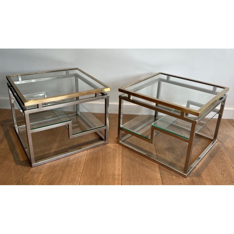 Paire Bouts Canapé Chrome Laiton Verre Travail Français vers 1970