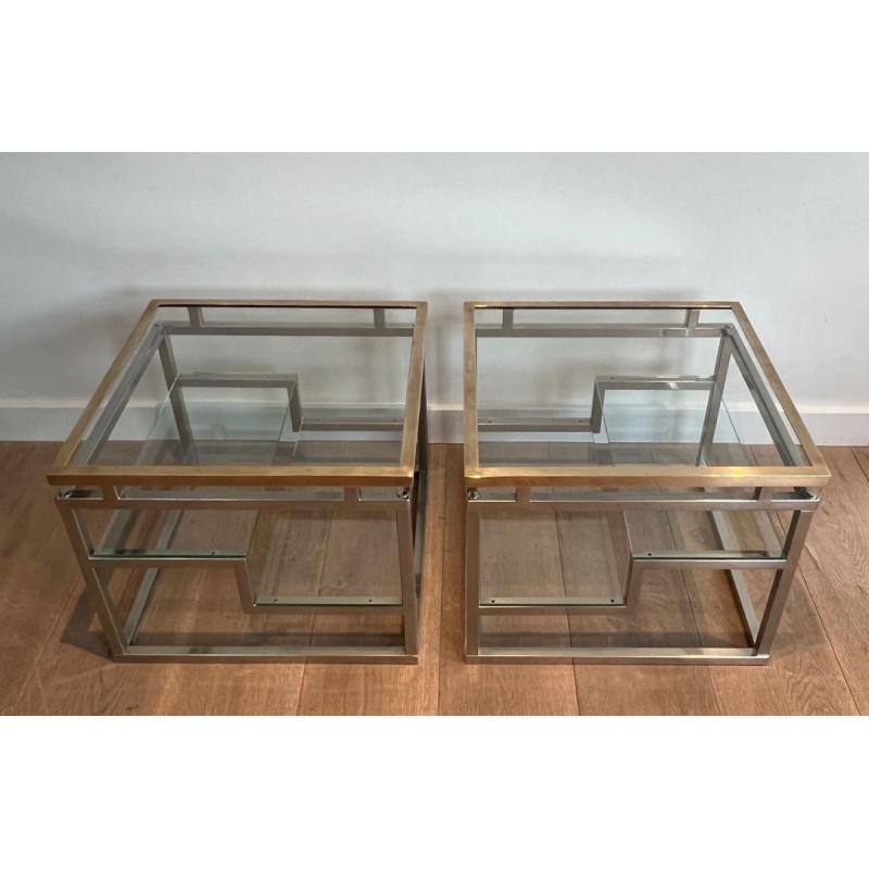 Paire Bouts Canapé Chrome Laiton Verre Travail Français vers 1970