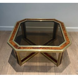 Octagonal Burr Walnut Brass Coffee Table French Work France circa 1970