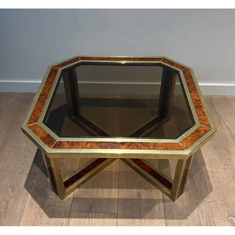 Octagonal Burr Walnut Brass Coffee Table French Work France circa 1970
