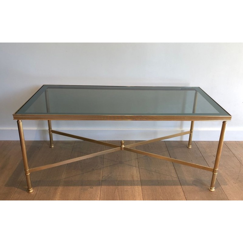 Neoclassical Gilt Metal Blue Glass Coffee Table Style Maison Jansen 1940