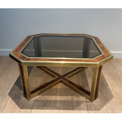 Table Basse Octogonale Ronce Noyer Laiton Travail Français France vers 1970