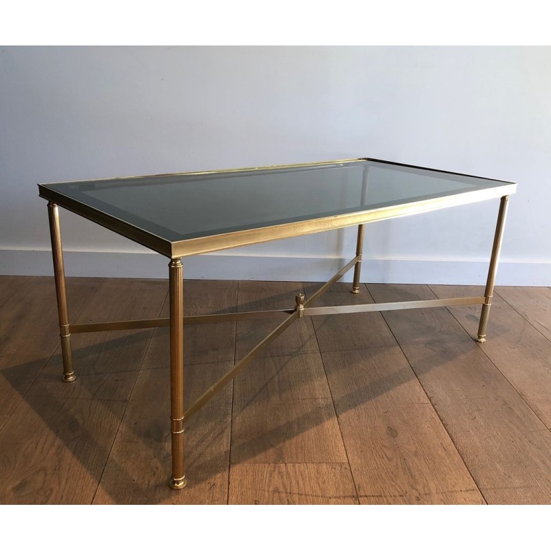 Table Basse Néoclassique Métal Doré Verre Bleuté Goût Maison Jansen 1940