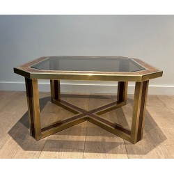 Table Basse Octogonale Ronce Noyer Laiton Travail Français France vers 1970