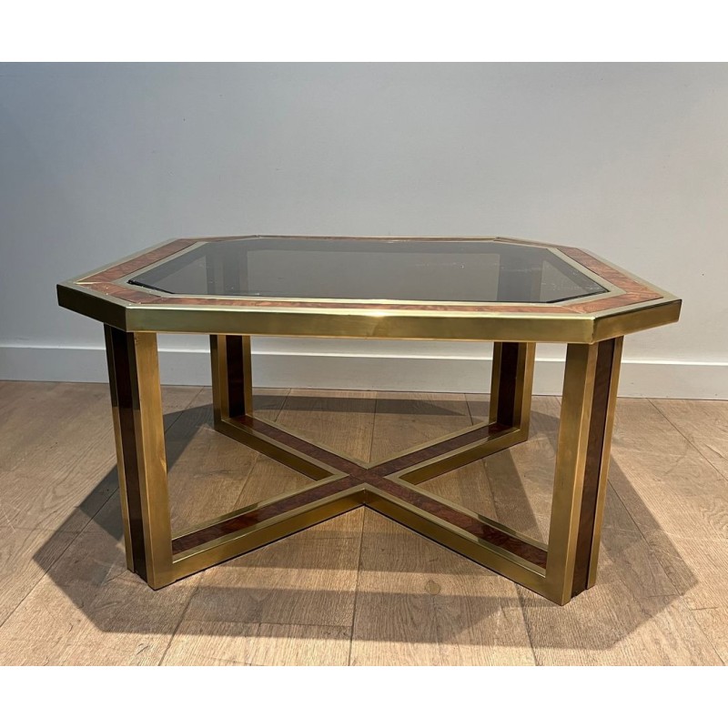 Table Basse Octogonale Ronce Noyer Laiton Travail Français France vers 1970