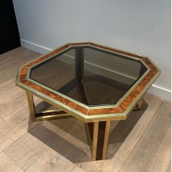 Octagonal Burr Walnut Brass Coffee Table French Work France circa 1970