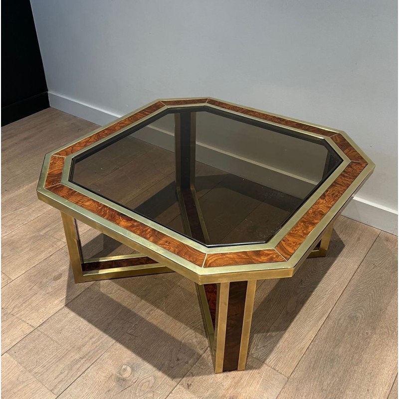 Octagonal Burr Walnut Brass Coffee Table French Work France circa 1970