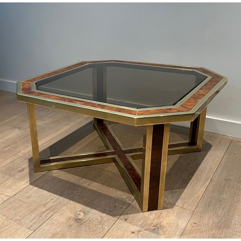 Table Basse Octogonale Ronce Noyer Laiton Travail Français France vers 1970