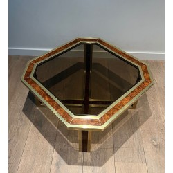 Octagonal Burr Walnut Brass Coffee Table French Work France circa 1970
