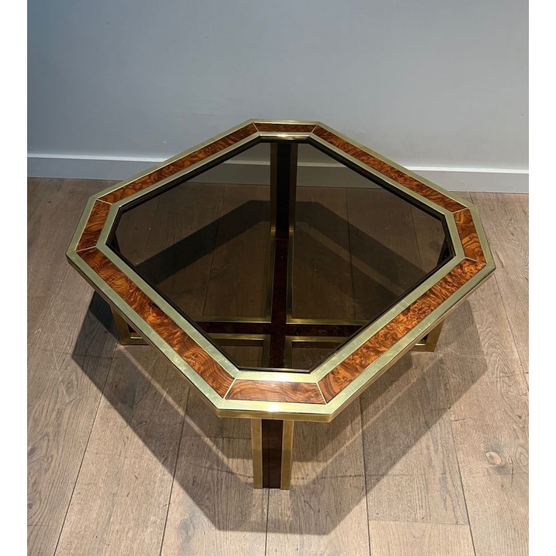 Table Basse Octogonale Ronce Noyer Laiton Travail Français France vers 1970