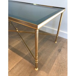 Neoclassical Gilt Metal Blue Glass Coffee Table Style Maison Jansen 1940
