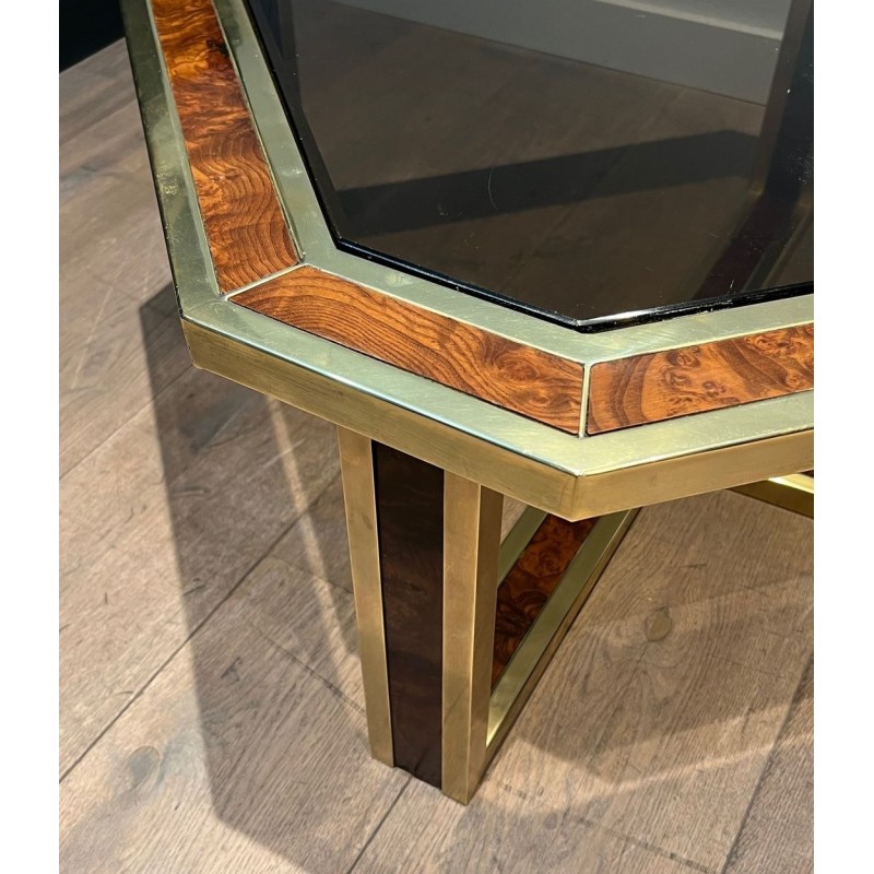Octagonal Burr Walnut Brass Coffee Table French Work France circa 1970