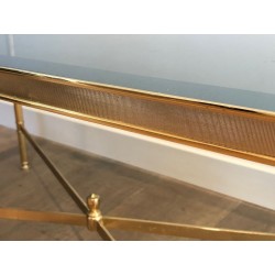 Neoclassical Gilt Metal Blue Glass Coffee Table Style Maison Jansen 1940