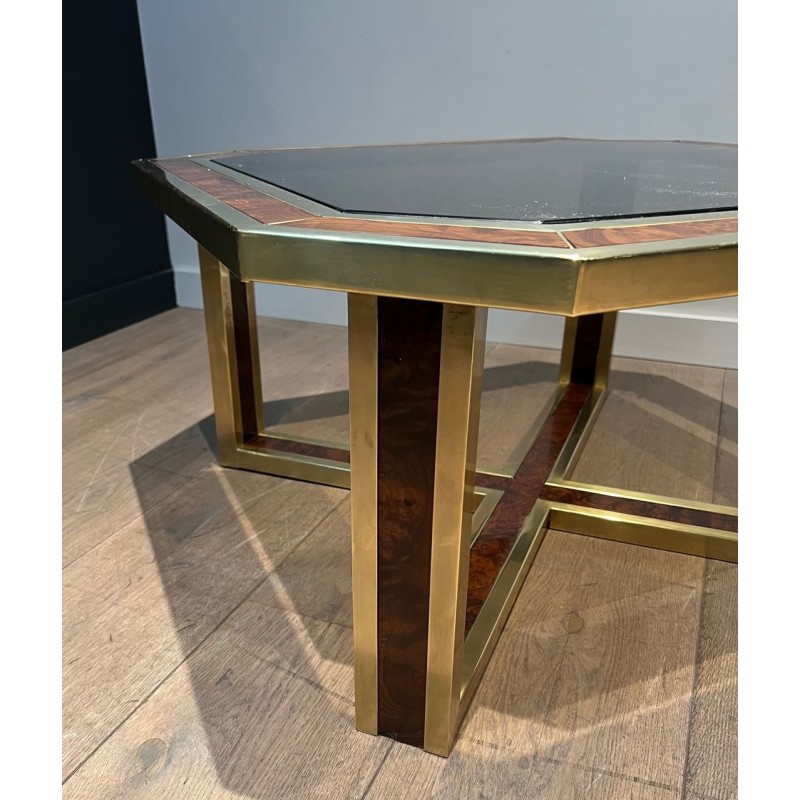 Table Basse Octogonale Ronce Noyer Laiton Travail Français France vers 1970