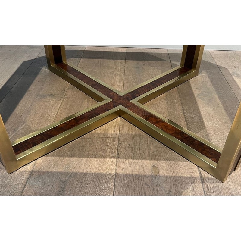 Octagonal Burr Walnut Brass Coffee Table French Work France circa 1970