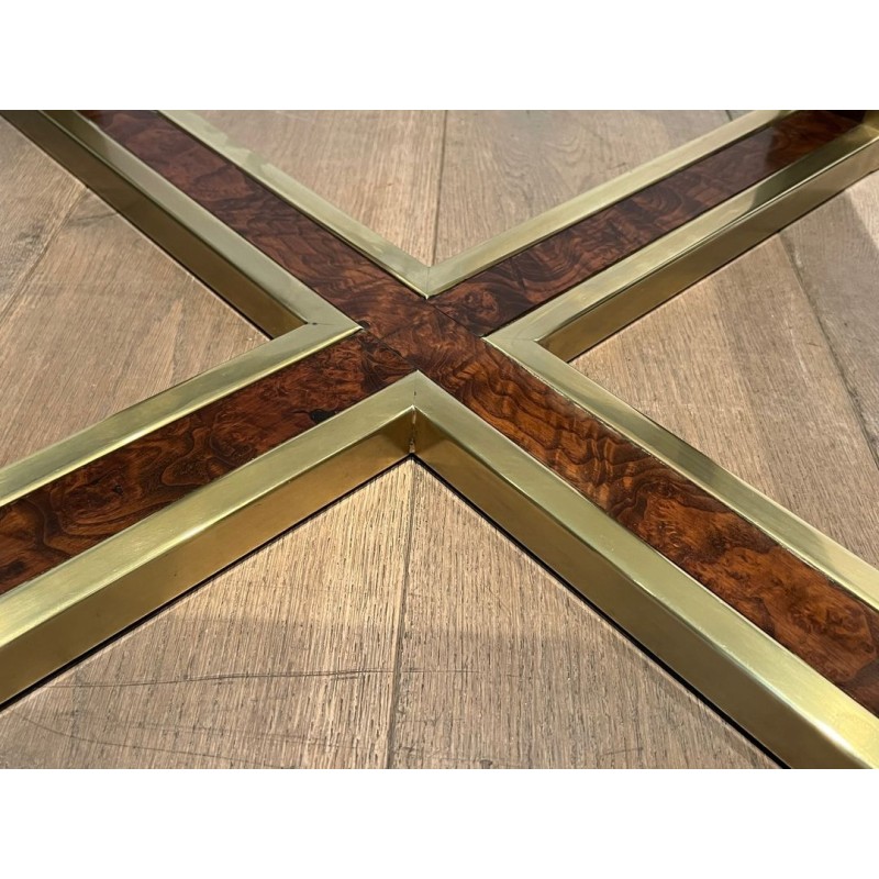 Octagonal Burr Walnut Brass Coffee Table French Work France circa 1970
